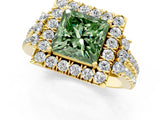 Yellow gold Fancy Green Princess  Cut Double Halo Diamond Engagement Ring with Pave Band and Four-Prong Setting 1