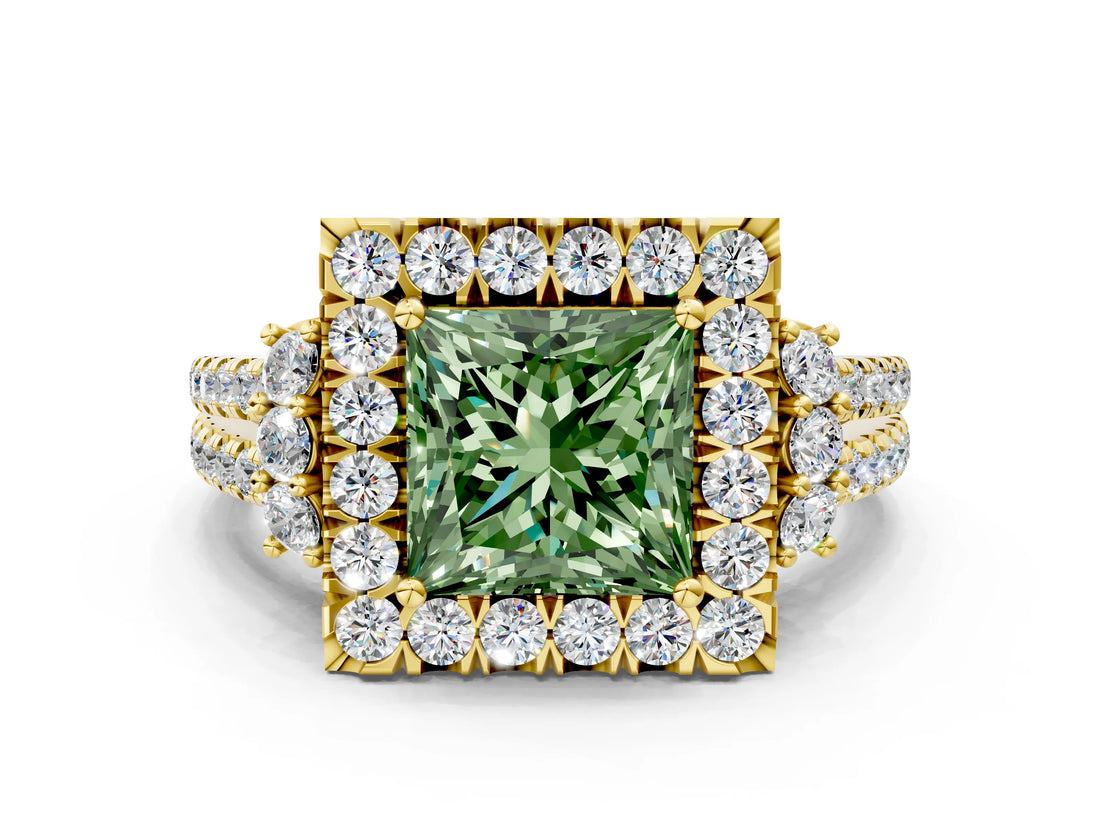 Yellow gold Fancy Green Princess  Cut Double Halo Diamond Engagement Ring with Pave Band and Four-Prong Setting