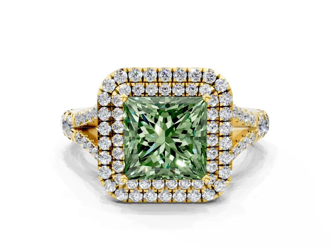 Yellow gold Fancy Green Princess  Cut Double Halo Split Shank Diamond Ring with Prong Setting_29