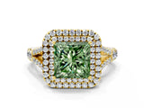 Yellow gold Fancy Green Princess  Cut Double Halo Split Shank Diamond Ring with Prong Setting_29