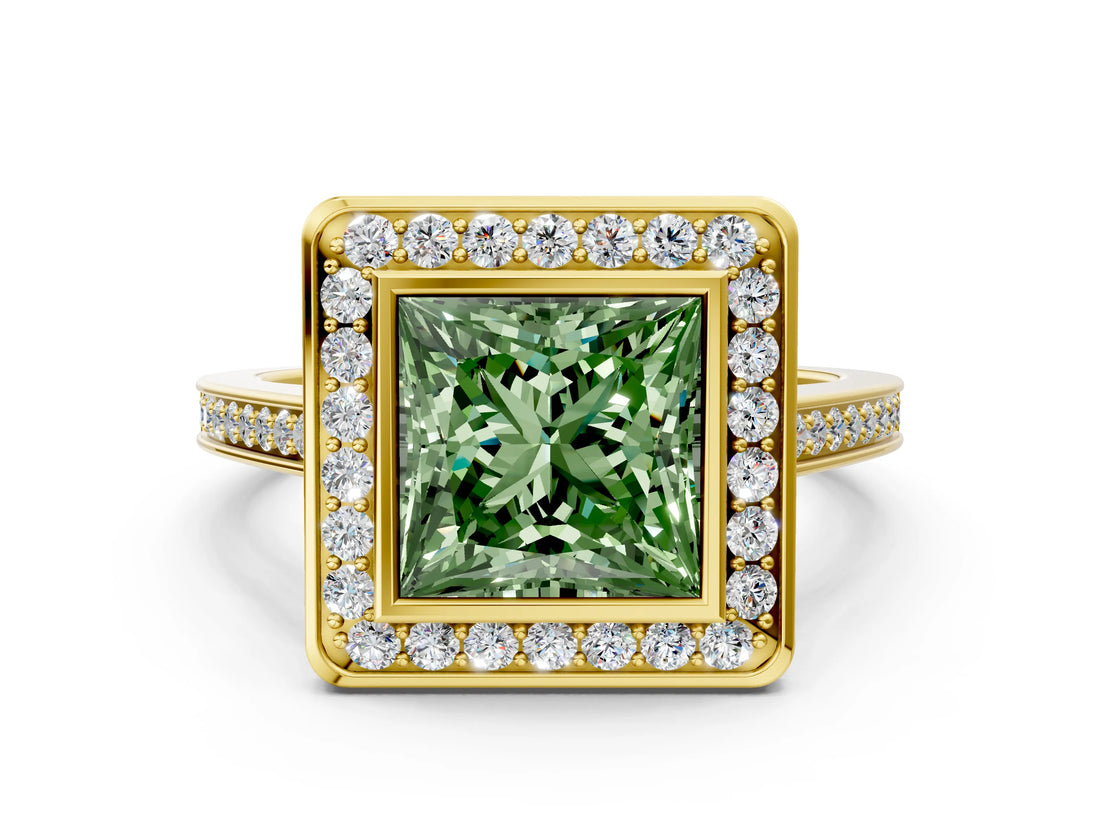 Yellow gold Fancy Green Princess Cut Halo Bezel Diamond Pave Band Ring