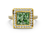 Yellow gold Fancy Green Princess Cut Halo Bezel Diamond Pave Band Ring