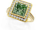 Yellow gold Fancy Green Princess Cut Halo Bezel Diamond Pave Band Ring_1