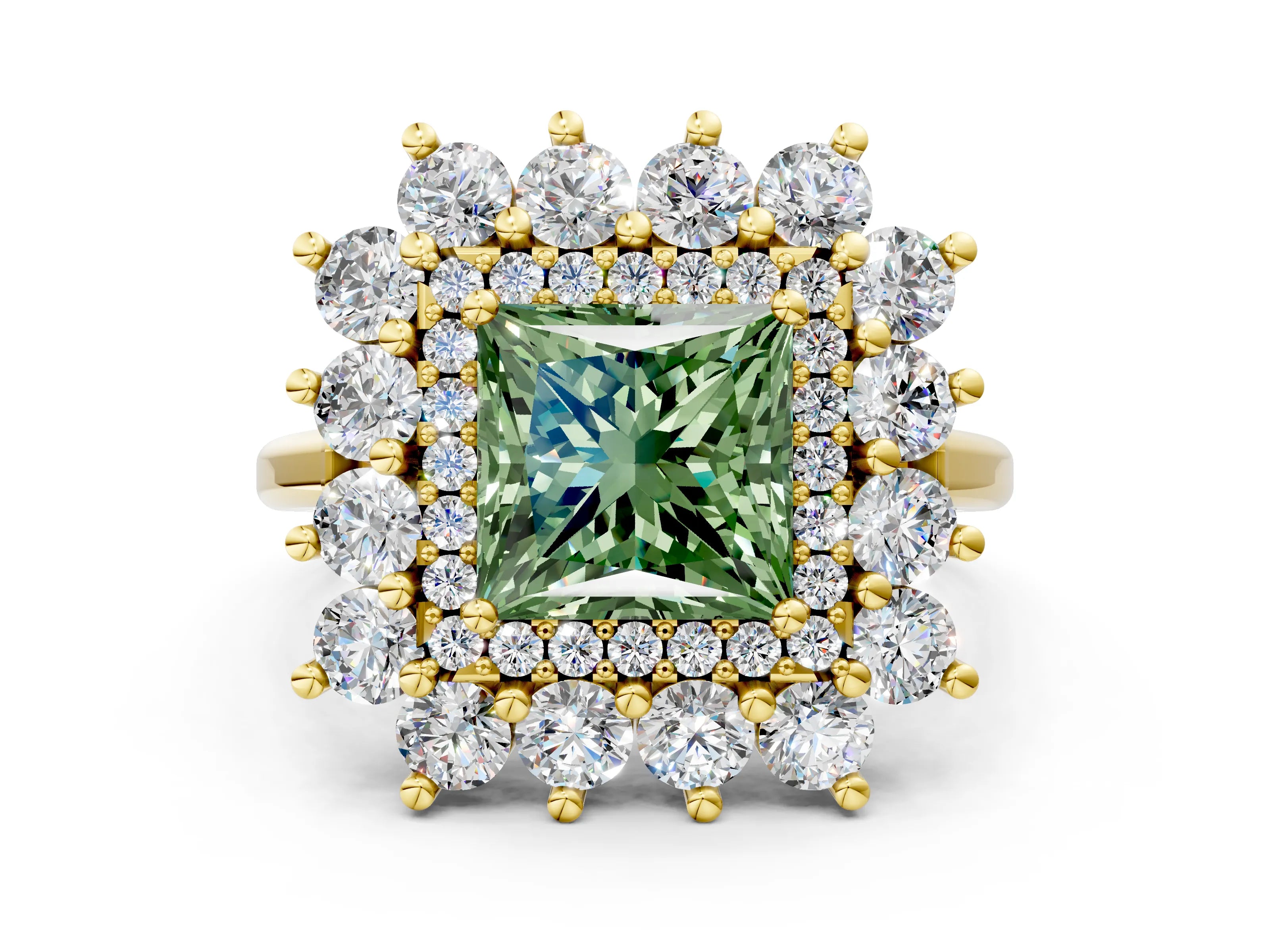 Yellow gold Fancy Green Princess Cut Halo Cluster Diamond Ring with Pave Band and Four-Prong Setting