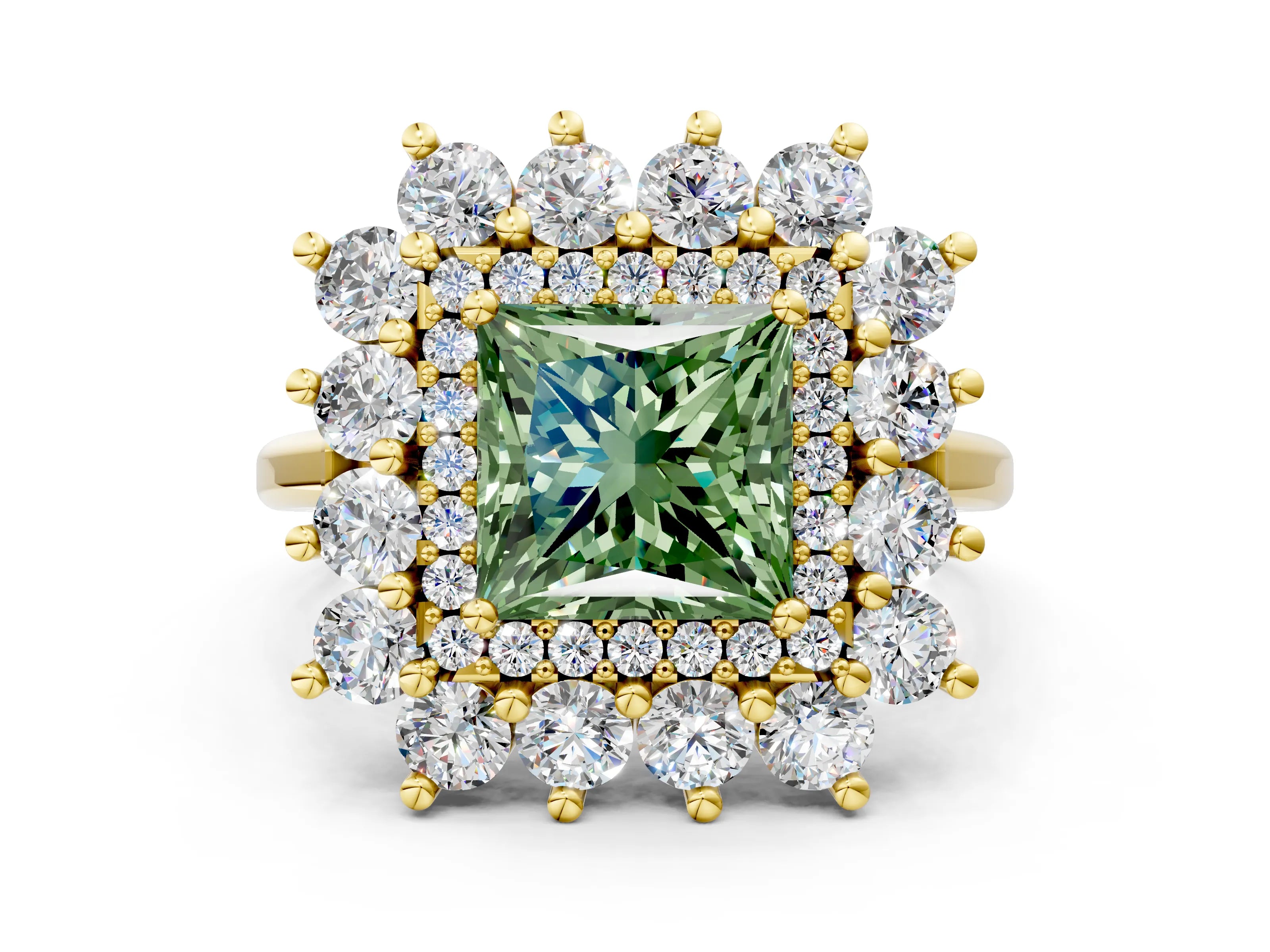 Yellow gold Fancy Green Princess Cut Halo Cluster Diamond Ring with Pave Band and Four-Prong Setting_12