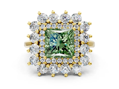 Yellow gold Fancy Green Princess Cut Halo Cluster Diamond Ring with Pave Band and Four-Prong Setting_12