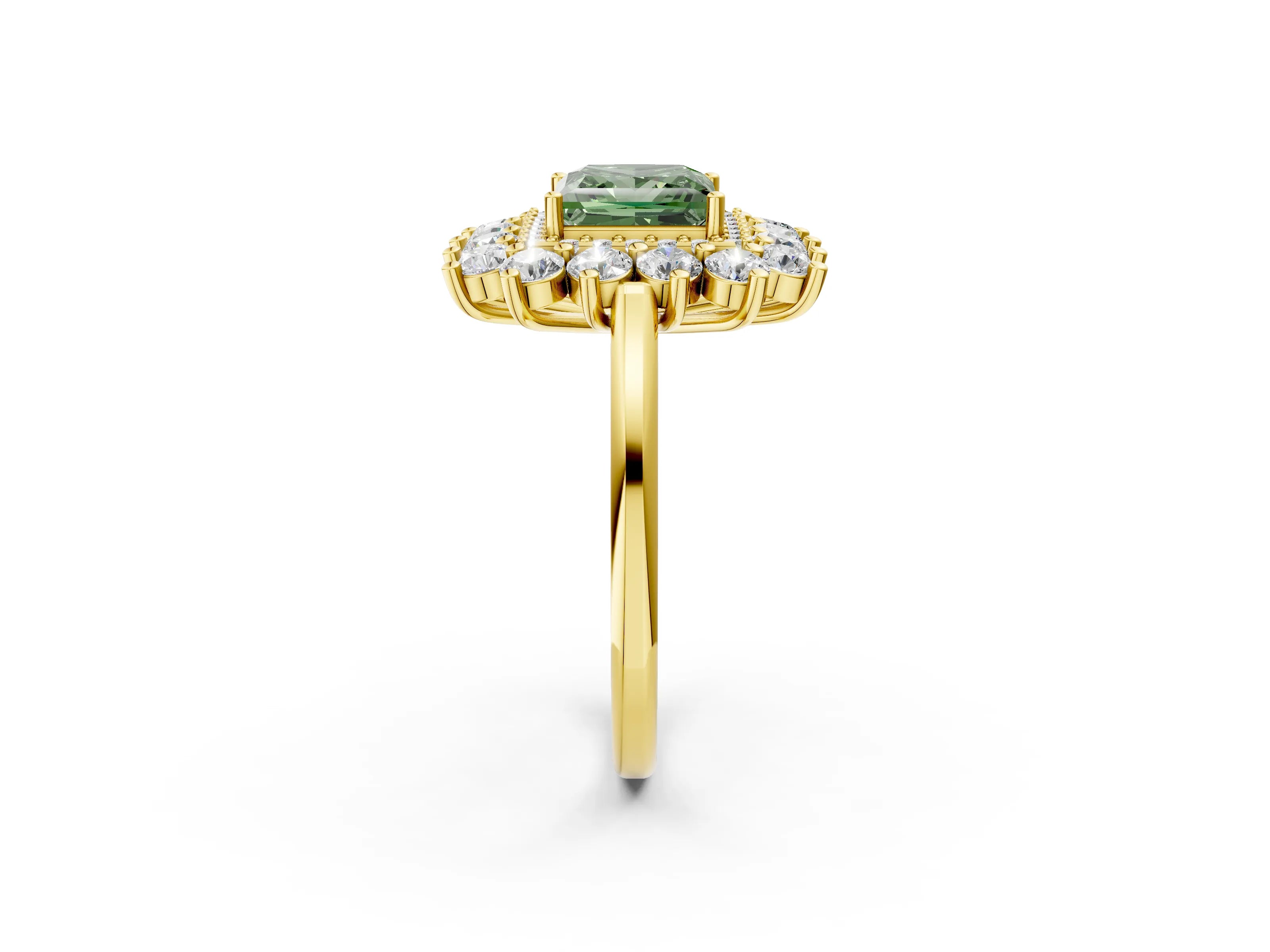 Yellow gold Fancy Green Princess Cut Halo Cluster Diamond Ring with Pave Band and Four-Prong Setting_14