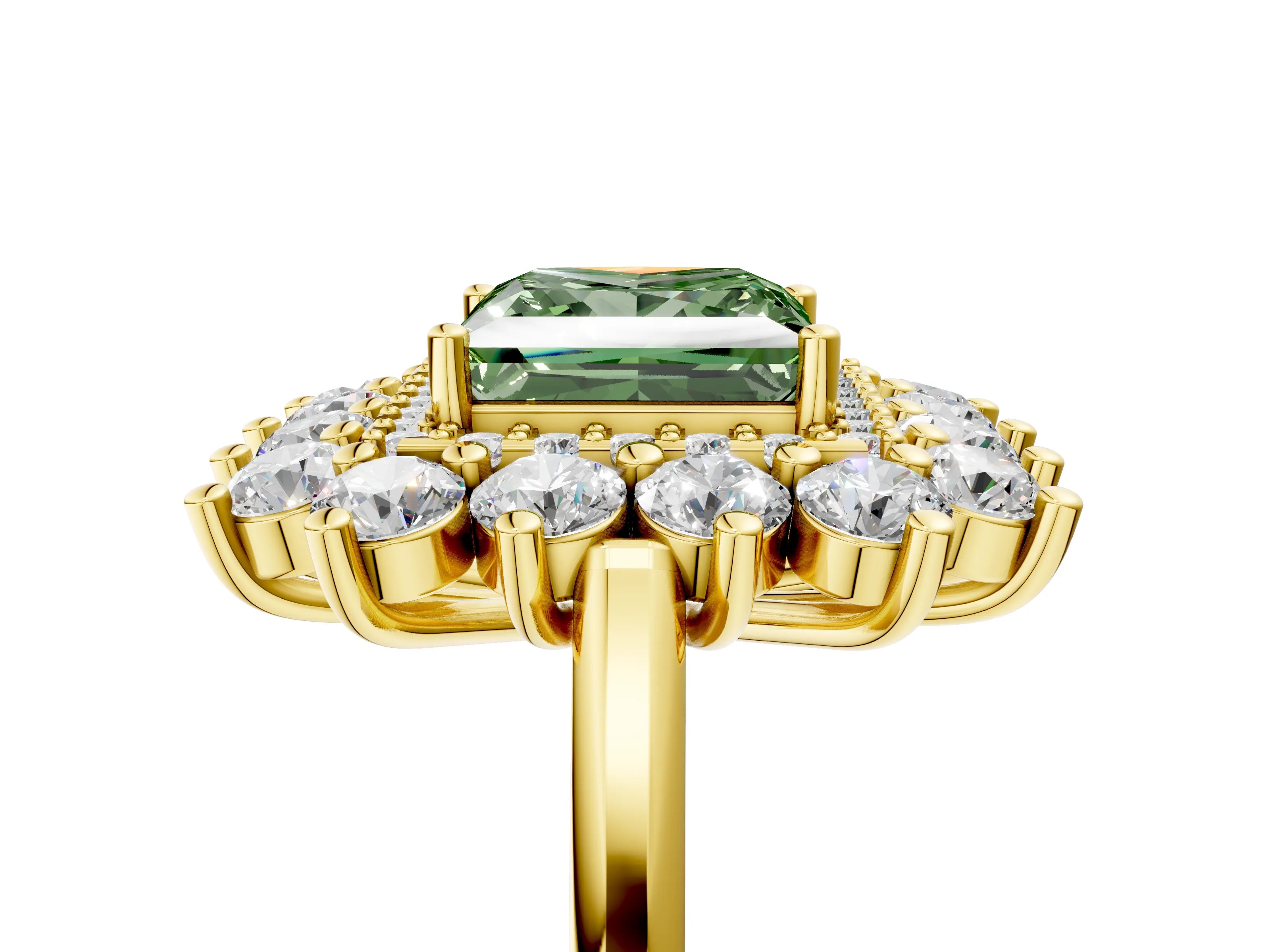 Yellow gold Fancy Green Princess Cut Halo Cluster Diamond Ring with Pave Band and Four-Prong Setting_17