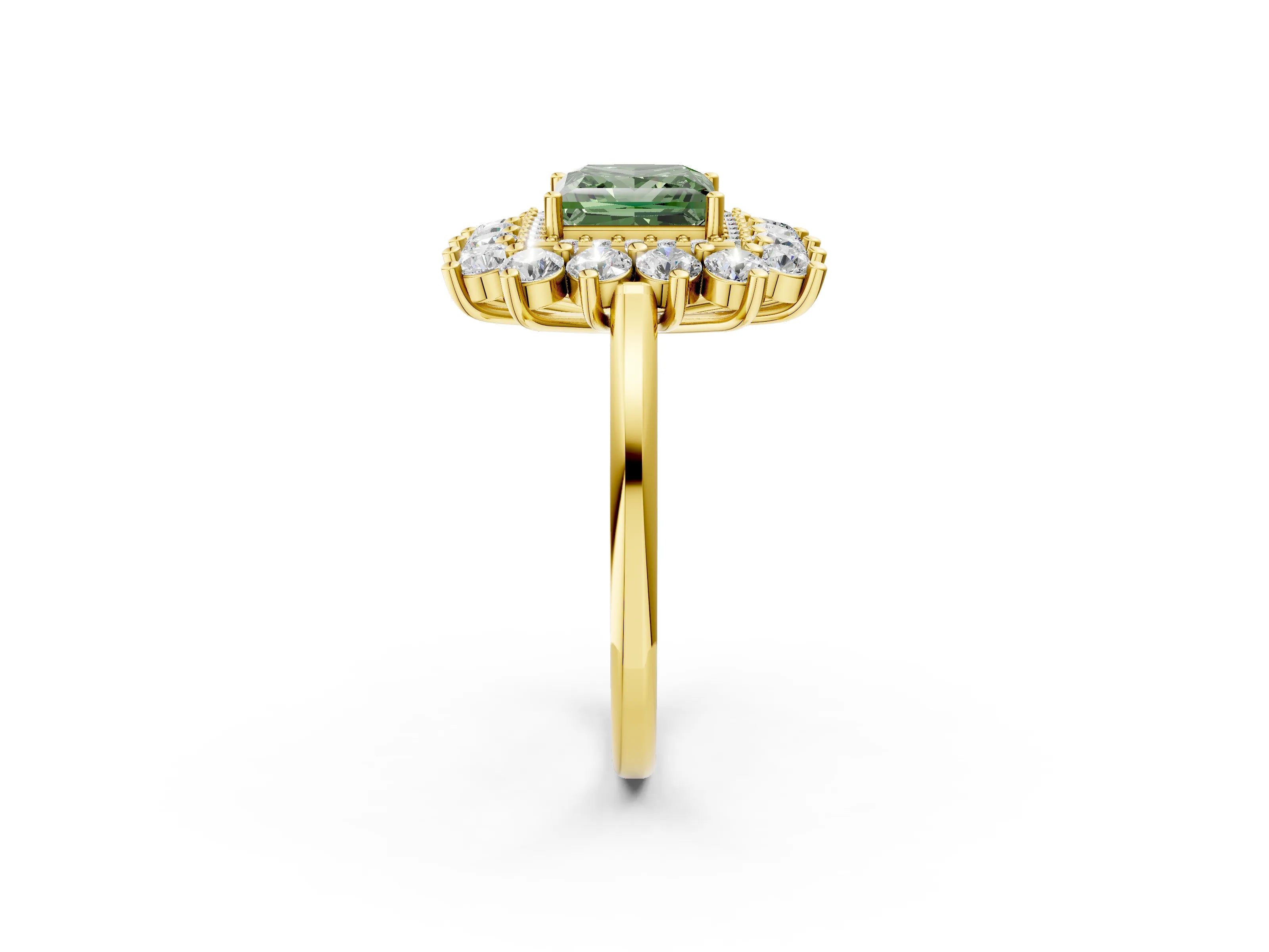 Yellow gold Fancy Green Princess Cut Halo Cluster Diamond Ring with Pave Band and Four-Prong Setting_2