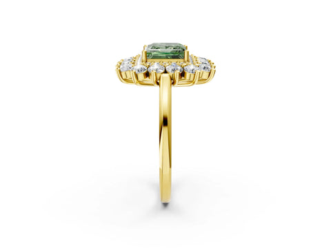 Yellow gold Fancy Green Princess Cut Halo Cluster Diamond Ring with Pave Band and Four-Prong Setting_2