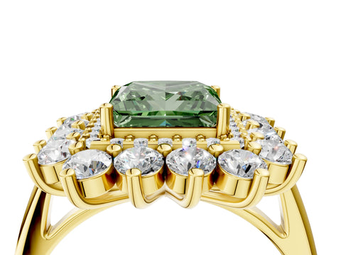 Yellow gold Fancy Green Princess Cut Halo Cluster Diamond Ring with Pave Band and Four-Prong Setting_4