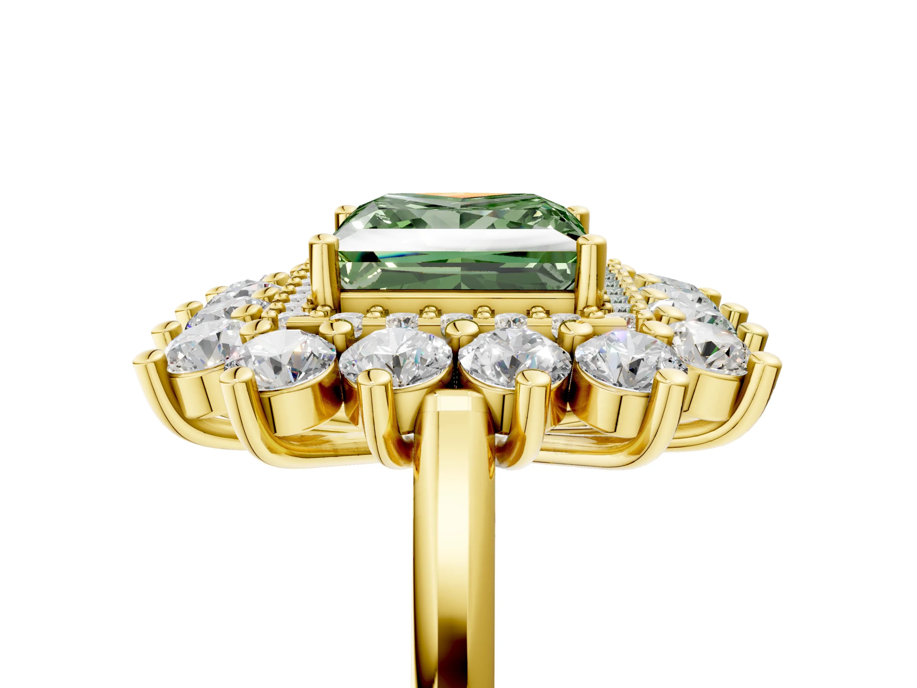 Yellow gold Fancy Green Princess Cut Halo Cluster Diamond Ring with Pave Band and Four-Prong Setting_5
