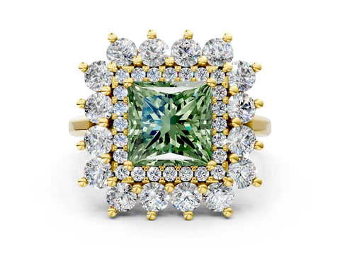 Yellow gold Fancy Green Princess Cut Halo Cluster Diamond Ring with Pave Band and Four-Prong Setting