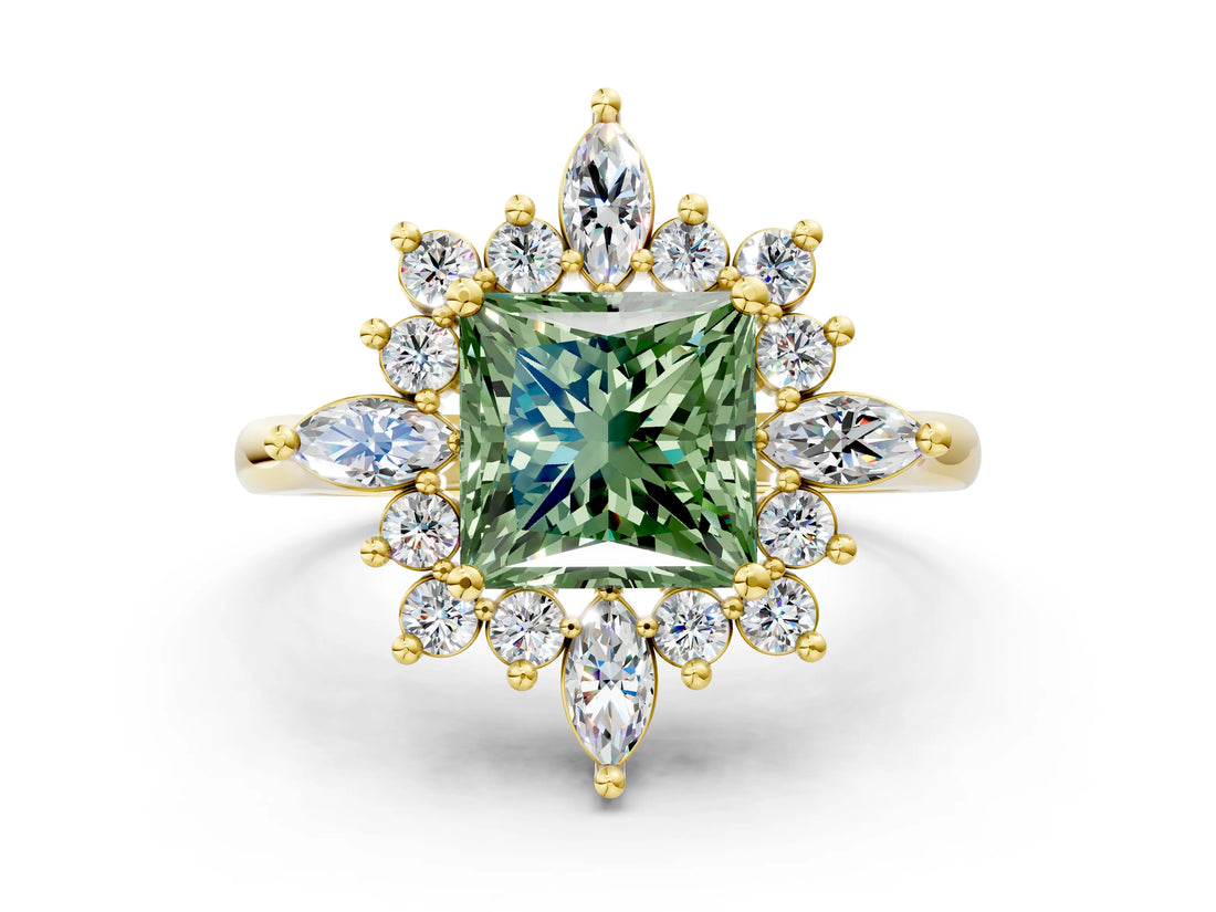 Yellow gold Fancy Green Princess Cut Halo Diamond Cluster Ring with Marquise and Round Stones on a White Gold Band with Prong Setting