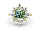 Yellow gold Fancy Green Princess Cut Halo Diamond Cluster Ring with Marquise and Round Stones on a White Gold Band with Prong Setting