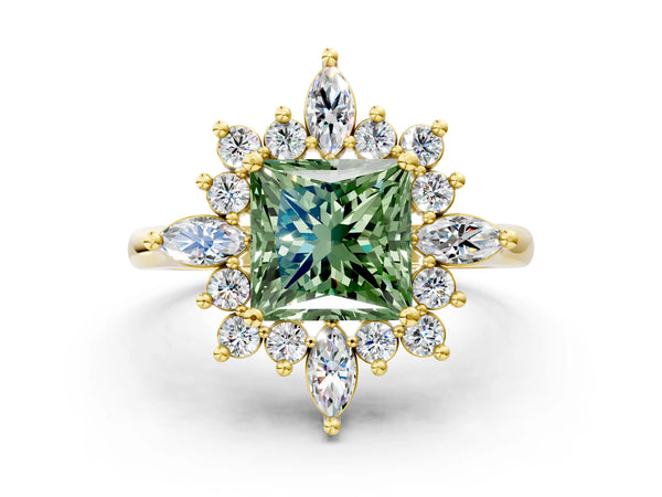 Yellow gold Fancy Green Princess Cut Starburst Halo Engagement Ring Setting with Marquise and Round Accents