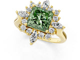 Yellow gold Fancy Green Princess Cut Halo Diamond Cluster Ring with Marquise and Round Stones on a White Gold Band with Prong Setting_1