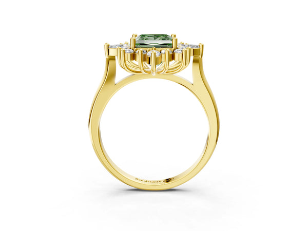 Yellow gold Fancy Green Princess Cut Starburst Halo Engagement Ring Setting with Marquise and Round Accents