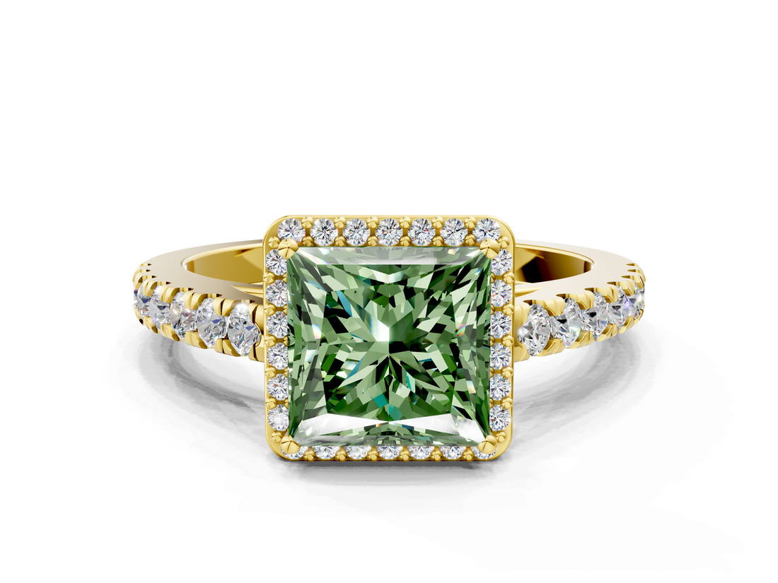 Yellow gold Fancy Green Princess  Cut Halo Diamond Engagement Ring with Pave Band and Four-Prong Setting