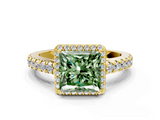 Yellow gold Fancy Green Princess  Cut Halo Diamond Engagement Ring with Pave Band and Four-Prong Setting