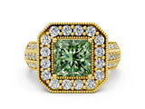 Yellow gold Fancy Green Princess Cut Halo Diamond Engagement Ring with Pave Split Shank and Four-Prong Setting