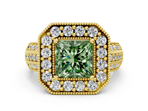 Yellow gold Fancy Green Princess Cut Halo Diamond Engagement Ring with Pave Split Shank and Four-Prong Setting