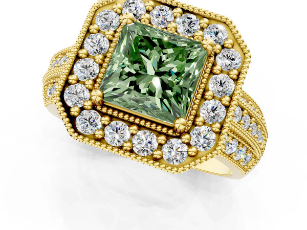 Yellow gold Fancy Green Princess Cut Halo Diamond Engagement Ring with Pave Split Shank and Four-Prong Setting