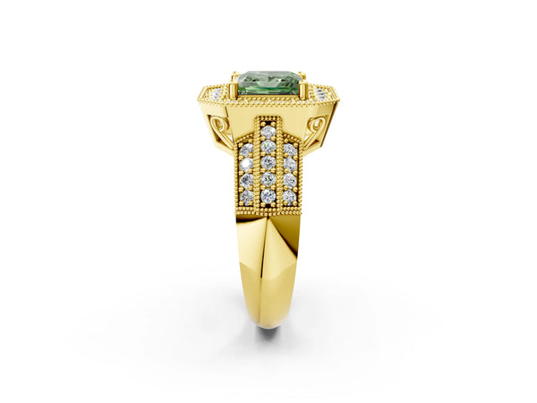 Yellow gold Fancy Green Princess Cut Halo Diamond Engagement Ring with Pave Split Shank and Four-Prong Setting
