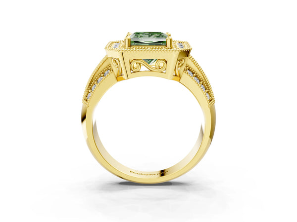 Yellow gold Fancy Green Princess Cut Halo Diamond Engagement Ring with Pave Split Shank and Four-Prong Setting
