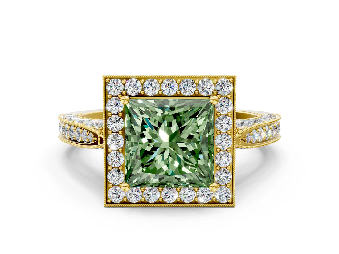 Yellow gold Fancy Green Princess Cut Halo Diamond Engagement Ring with Split Shank Band and Four-Prong Setting