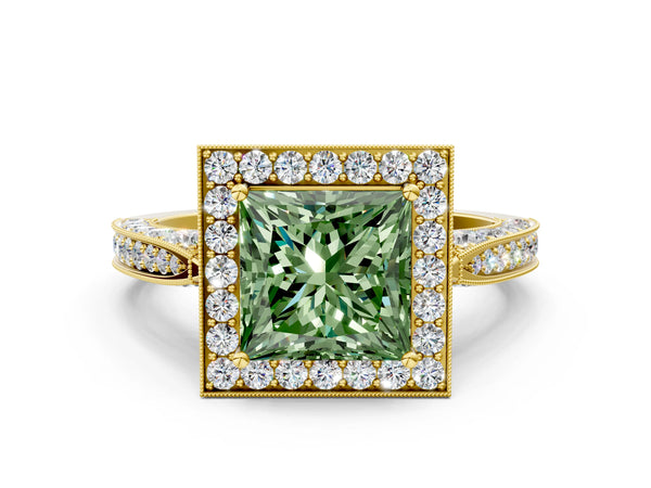 Yellow gold Fancy Green Princess Cut Halo Diamond Engagement Ring with Split Shank Band and Four-Prong Setting