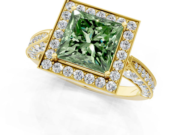 Yellow gold Fancy Green Princess Cut Halo Diamond Engagement Ring with Split Shank Band and Four-Prong Setting