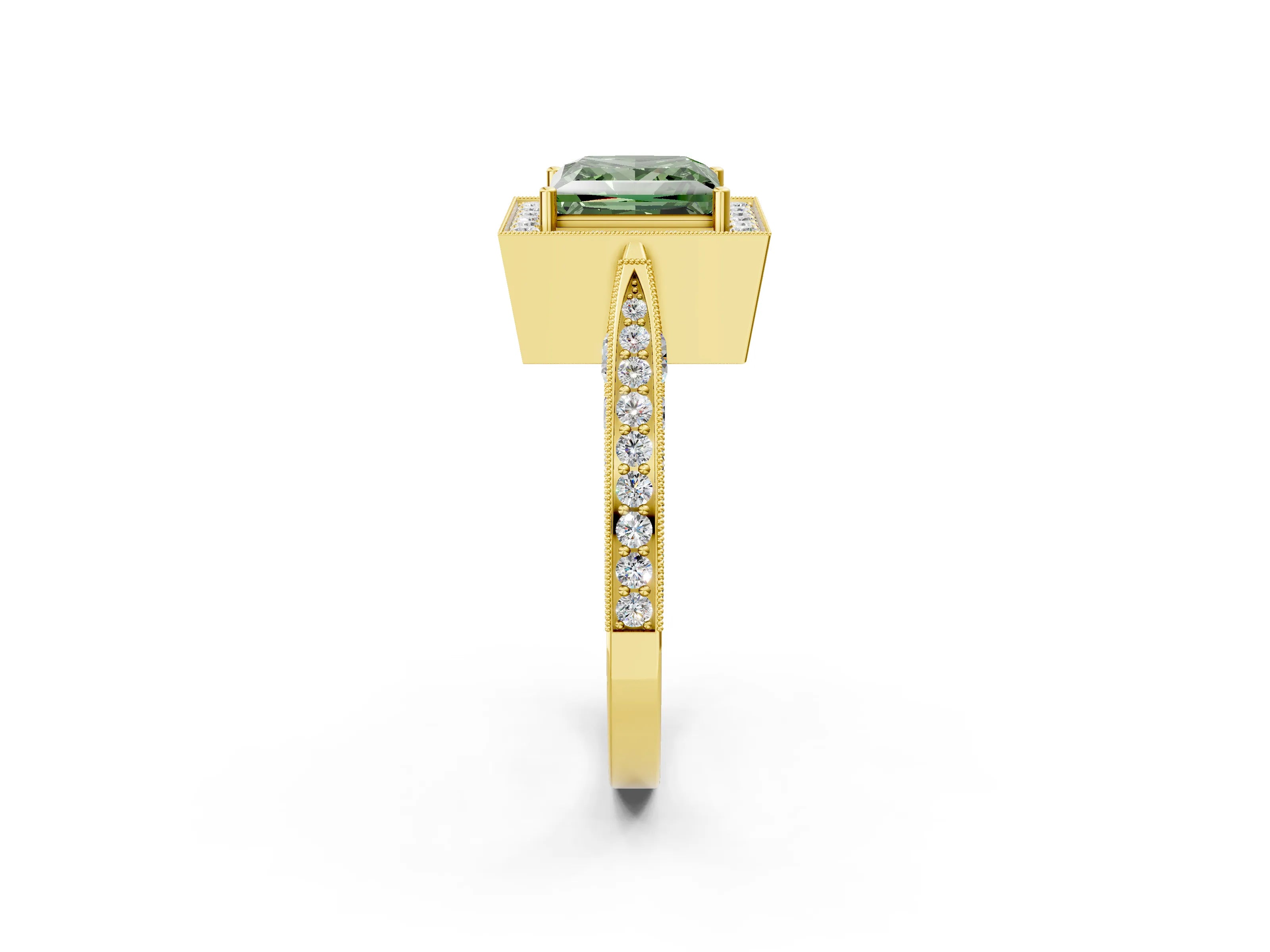 Yellow gold Fancy Green Princess Cut Halo Diamond Engagement Ring with Split Shank Band and Four-Prong Setting_2
