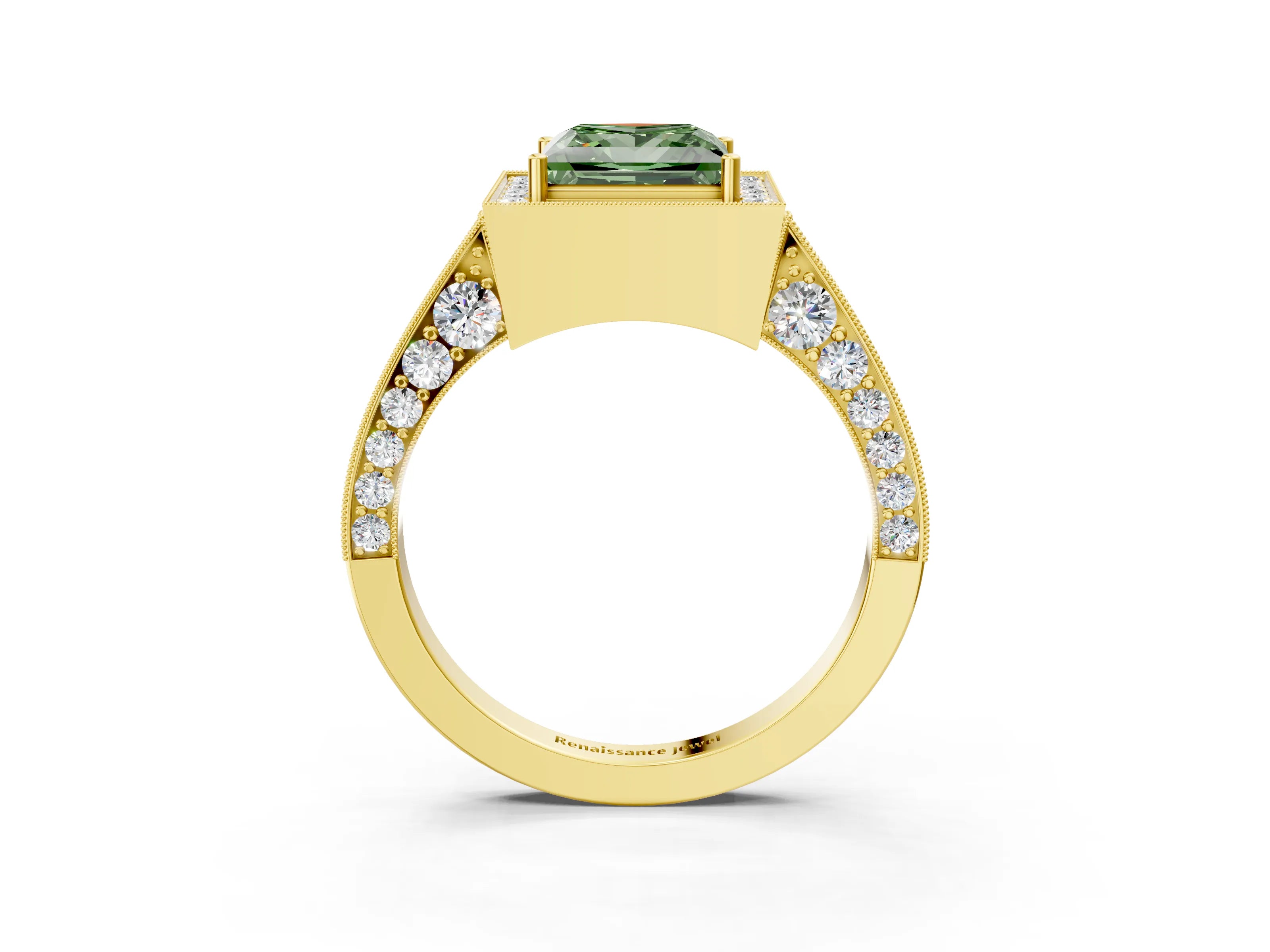 Yellow gold Fancy Green Princess Cut Halo Diamond Engagement Ring with Split Shank Band and Four-Prong Setting_3