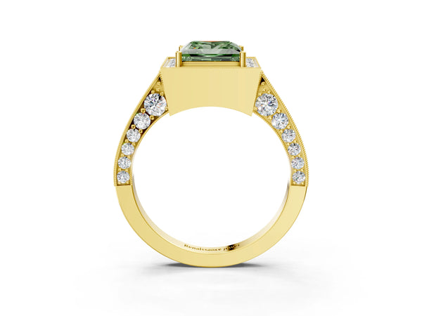 Yellow gold Fancy Green Princess Cut Halo Diamond Engagement Ring with Split Shank Band and Four-Prong Setting