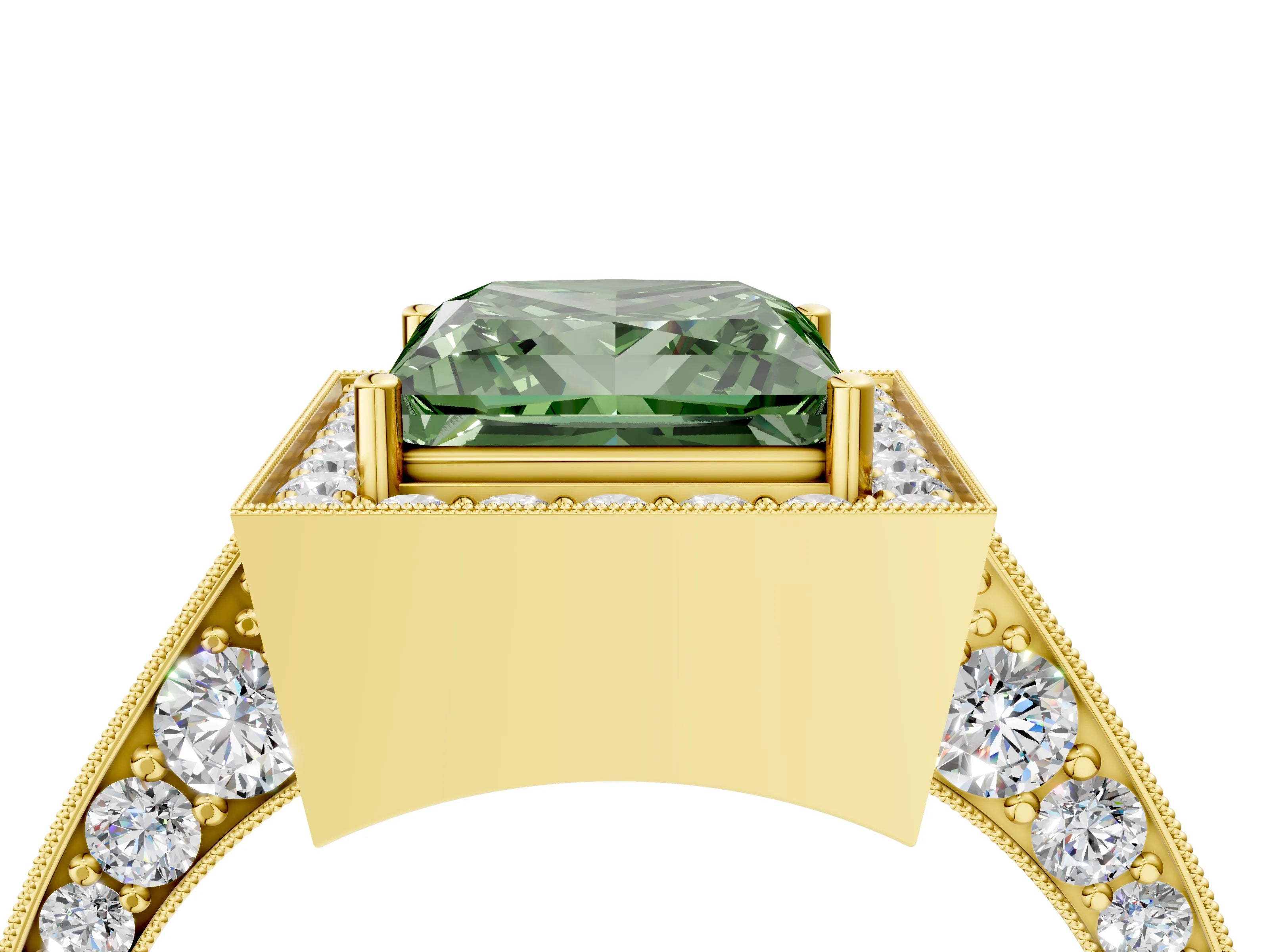 Yellow gold Fancy Green Princess Cut Halo Diamond Engagement Ring with Split Shank Band and Four-Prong Setting_4