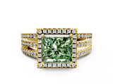 Yellow gold Fancy Green Princess  Cut Halo Diamond Engagement Ring with Split Shank and Four-Prong Setting