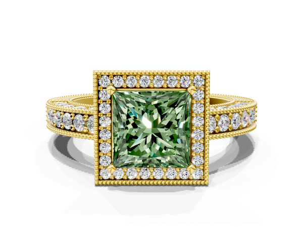 Yellow gold Fancy Green Princess  Cut Halo Diamond Pave Band Ring with Four-Prong Setting