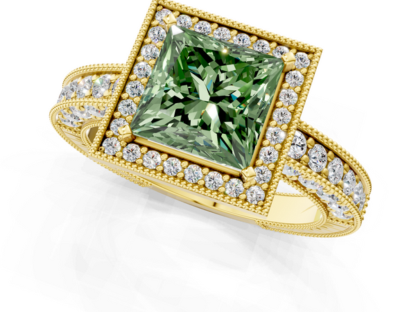 Yellow gold Fancy Green Princess  Cut Halo Diamond Pave Band Ring with Four-Prong Setting