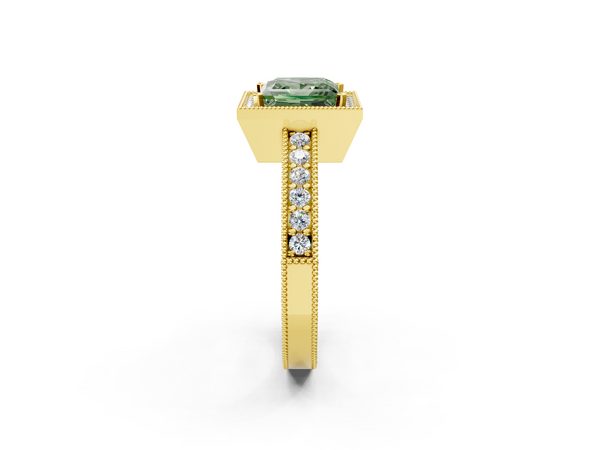 Yellow gold Fancy Green Princess  Cut Halo Diamond Pave Band Ring with Four-Prong Setting