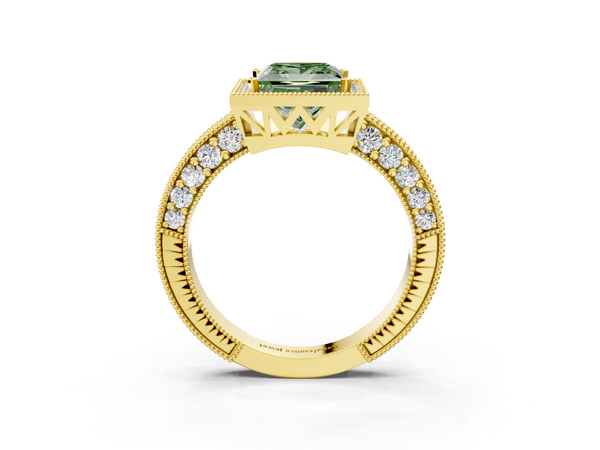 Yellow gold Fancy Green Princess  Cut Halo Diamond Pave Band Ring with Four-Prong Setting