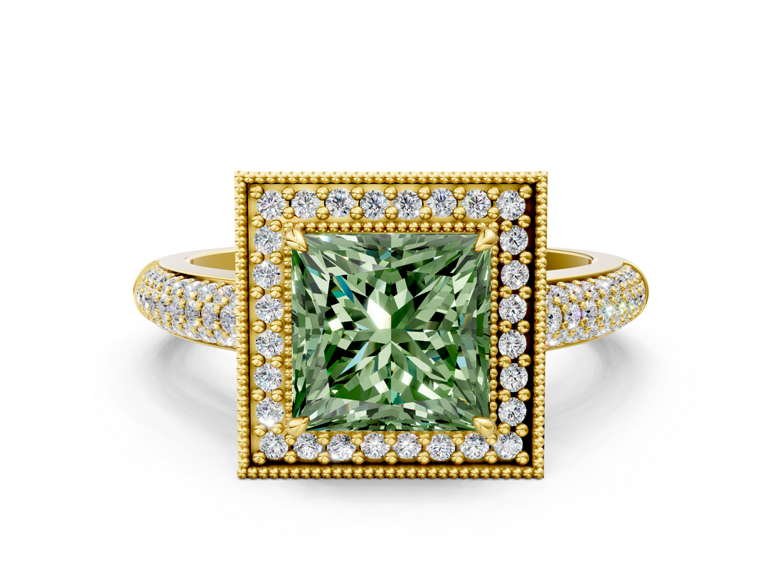 Yellow gold Fancy Green Princess  Cut Halo Diamond Pave Band with Four-Prong Setting