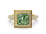 Yellow gold Fancy Green Princess  Cut Halo Diamond Pave Band with Four-Prong Setting