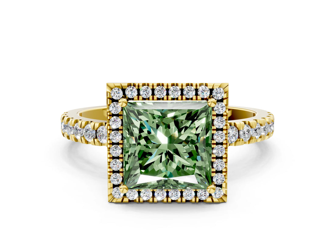 Yellow gold Fancy Green Princess Cut Halo Diamond Pave Band with Prong Setting