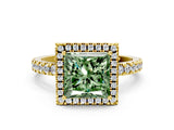 Yellow gold Fancy Green Princess Cut Halo Diamond Pave Band with Prong Setting
