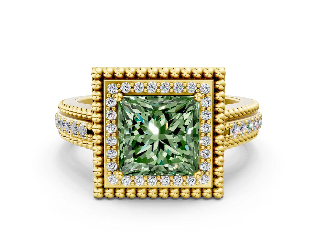 Yellow gold Fancy Green Princess Cut Halo Diamond Ring with Beaded Split Shank and Four-Prong Setting