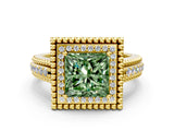 Yellow gold Fancy Green Princess Cut Halo Diamond Ring with Beaded Split Shank and Four-Prong Setting