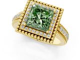 Yellow gold Fancy Green Princess Cut Halo Diamond Ring with Beaded Split Shank and Four-Prong Setting_1