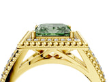 Yellow gold Fancy Green Princess Cut Halo Diamond Ring with Beaded Split Shank and Four-Prong Setting_4