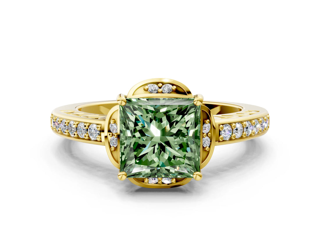 Yellow gold Fancy Green Princess  Cut Halo Diamond Ring with Channel Set Band and Four-Prong Setting_30